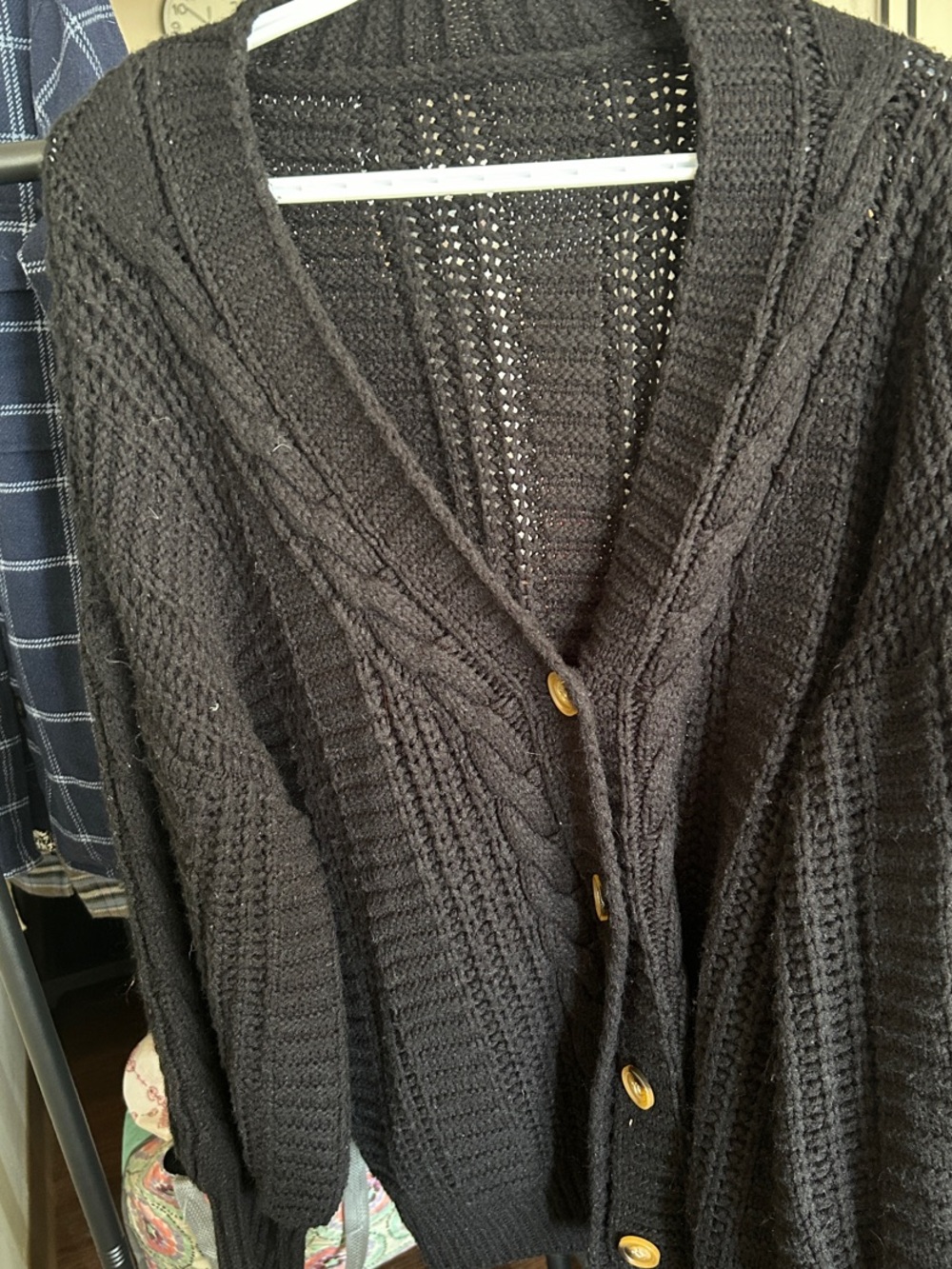 SHEIN Black Chunky Cable Knit Button-Up Cardigan